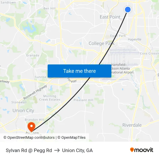 Sylvan Rd @ Pegg Rd to Union City, GA map