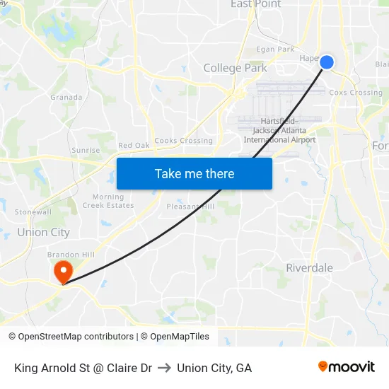 King Arnold St @ Claire Dr to Union City, GA map