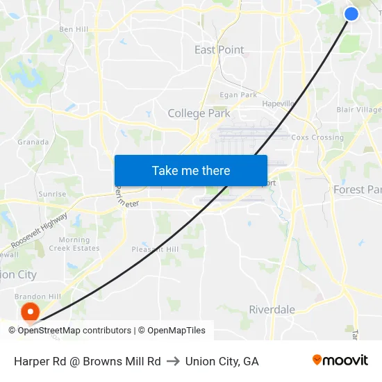 Harper Rd @ Browns Mill Rd to Union City, GA map