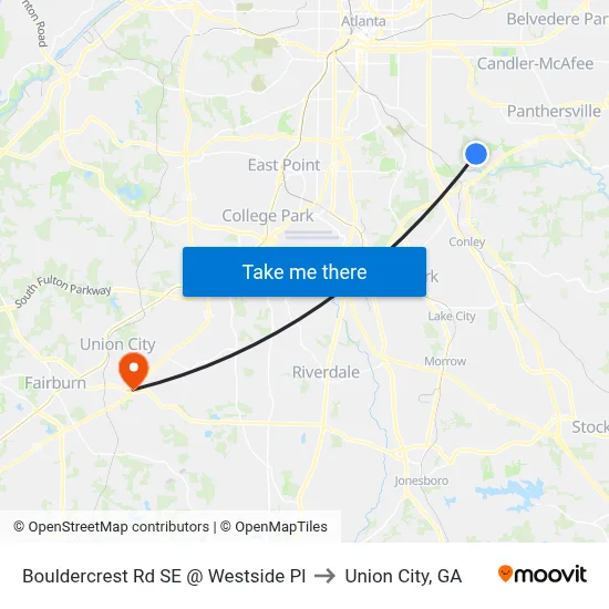 Bouldercrest Rd SE @ Westside Pl to Union City, GA map