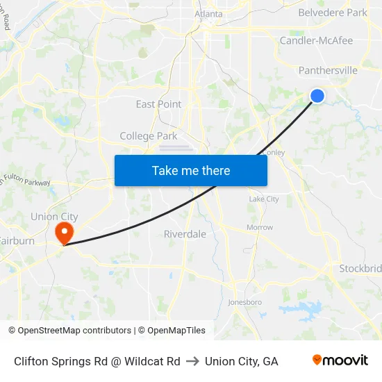 Clifton Springs Rd @ Wildcat Rd to Union City, GA map