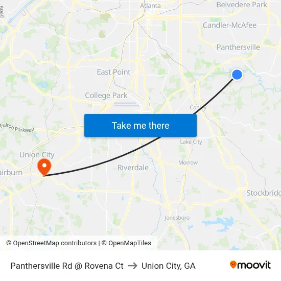 Panthersville Rd @ Rovena Ct to Union City, GA map