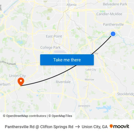 Panthersville Rd @ Clifton Springs Rd to Union City, GA map