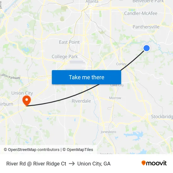 River Rd @ River Ridge Ct to Union City, GA map