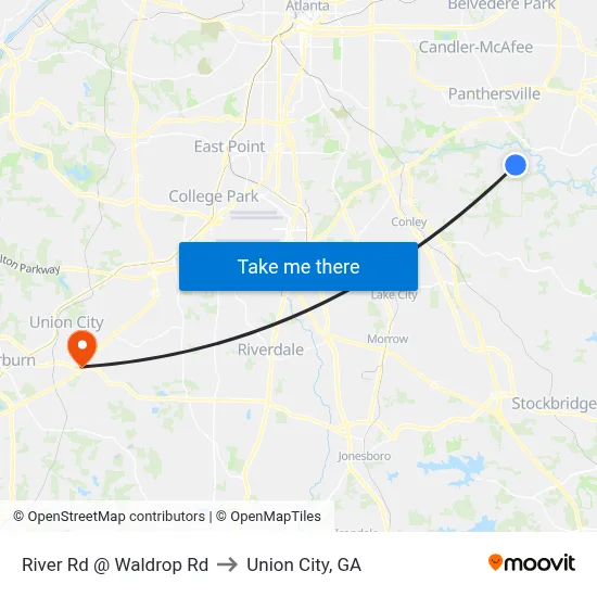 River Rd @ Waldrop Rd to Union City, GA map