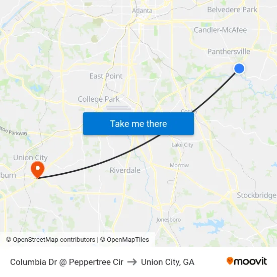Columbia Dr @ Peppertree Cir to Union City, GA map