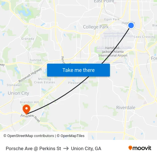 Porsche Ave @ Perkins St to Union City, GA map
