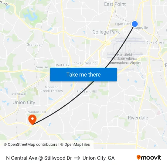 N Central Ave @ Stillwood Dr to Union City, GA map
