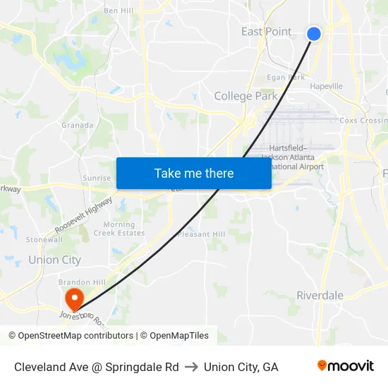 Cleveland Ave @ Springdale Rd to Union City, GA map