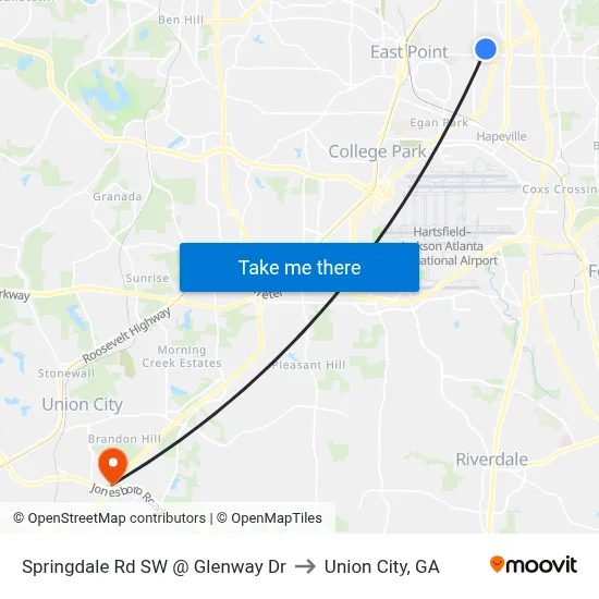 Springdale Rd SW @ Glenway Dr to Union City, GA map