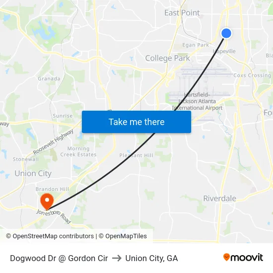 Dogwood Dr @ Gordon Cir to Union City, GA map