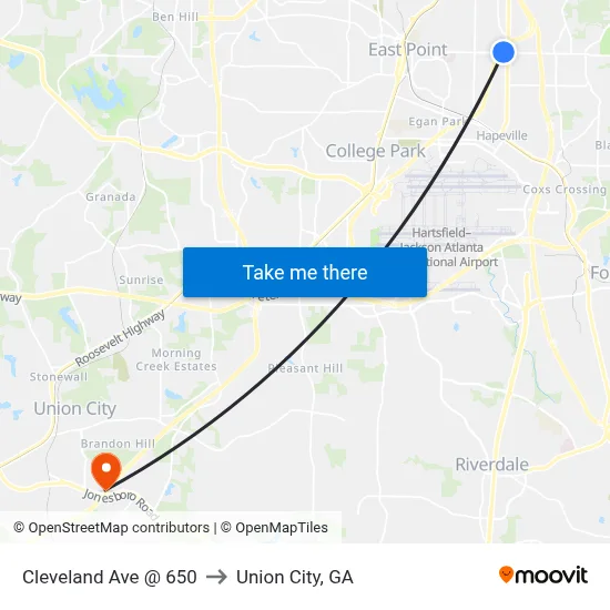 Cleveland Ave @ 650 to Union City, GA map
