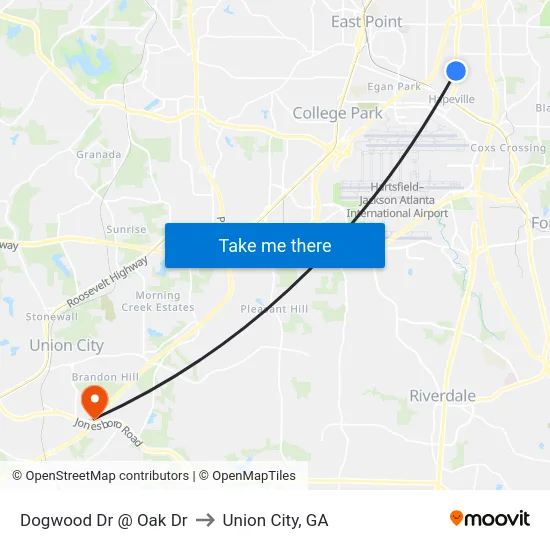 Dogwood Dr @ Oak Dr to Union City, GA map