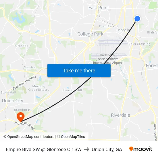 Empire Blvd SW @ Glenrose Cir SW to Union City, GA map