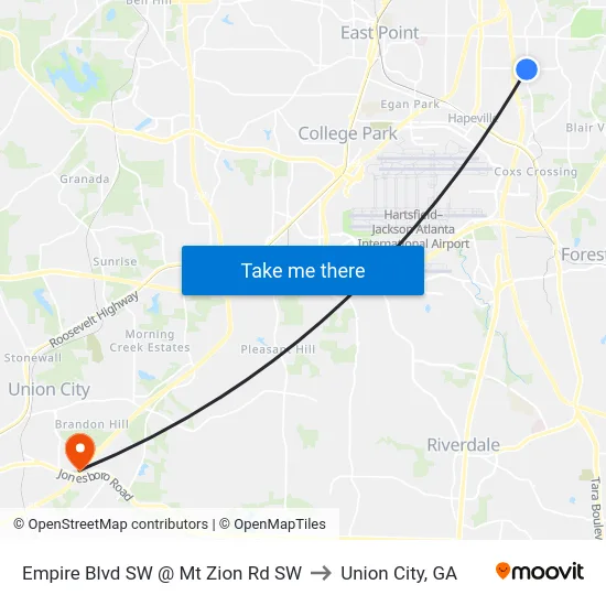 Empire Blvd SW @ Mt Zion Rd SW to Union City, GA map