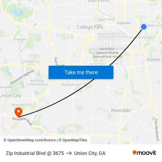 Zip Industrial Blvd @ 3675 to Union City, GA map