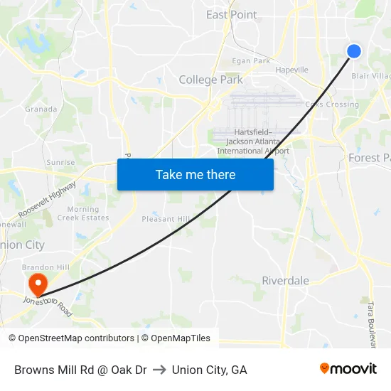Browns Mill Rd @ Oak Dr to Union City, GA map
