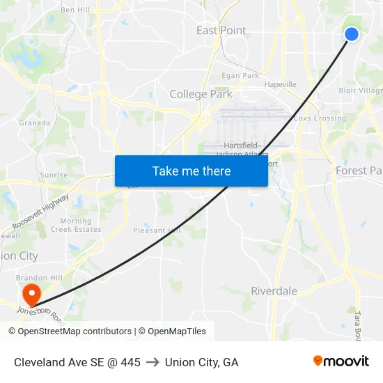 Cleveland Ave SE @ 445 to Union City, GA map