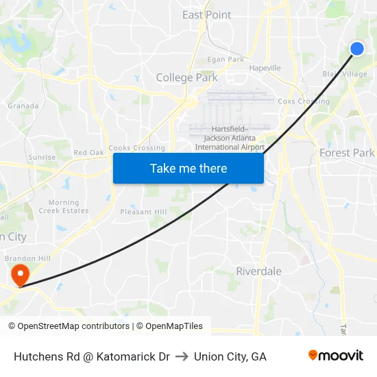 Hutchens Rd @ Katomarick Dr to Union City, GA map