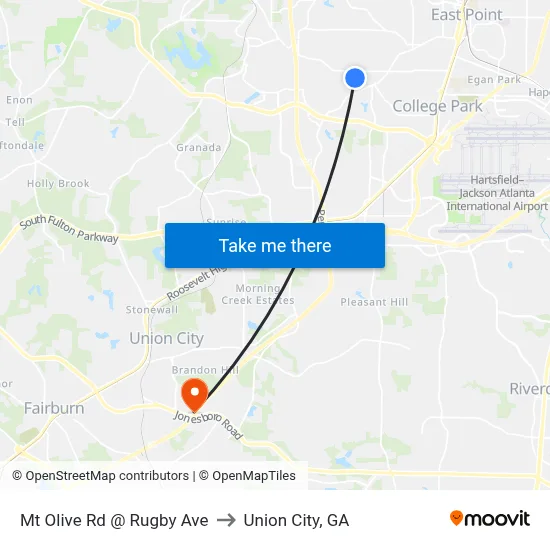 Mt Olive Rd @ Rugby Ave to Union City, GA map