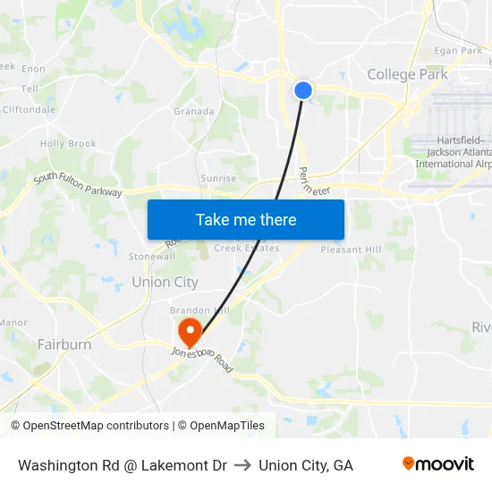 Washington Rd @ Lakemont Dr to Union City, GA map