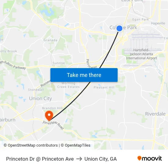 Princeton Dr @ Princeton Ave to Union City, GA map