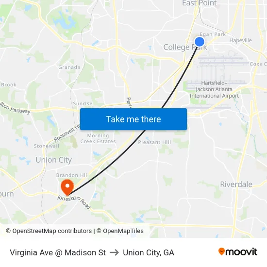 Virginia Ave @ Madison St to Union City, GA map
