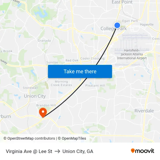 Virginia Ave @ Lee St to Union City, GA map