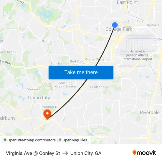 Virginia Ave @ Conley St to Union City, GA map