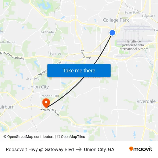 Roosevelt Hwy @ Gateway Blvd to Union City, GA map