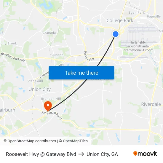 Roosevelt Hwy @ Gateway Blvd to Union City, GA map