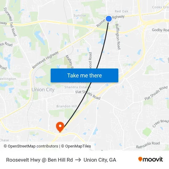 Roosevelt Hwy @ Ben Hill Rd to Union City, GA map
