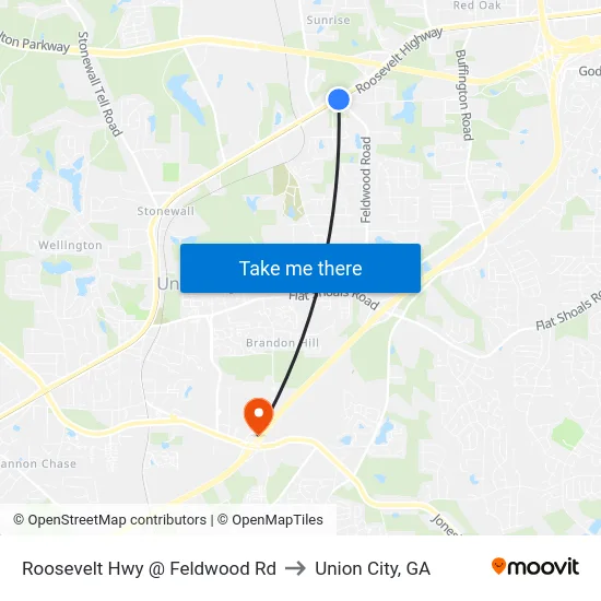 Roosevelt Hwy @ Feldwood Rd to Union City, GA map