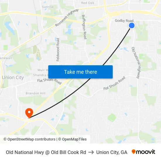 Old National Hwy @ Old Bill Cook Rd to Union City, GA map