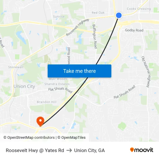 Roosevelt Hwy @ Yates Rd to Union City, GA map