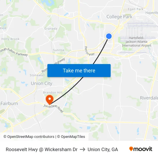 Roosevelt Hwy @ Wickersham Dr to Union City, GA map