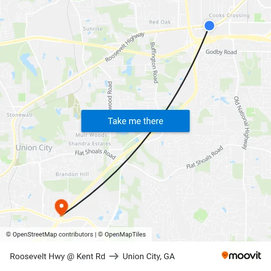 Roosevelt Hwy @ Kent Rd to Union City, GA map