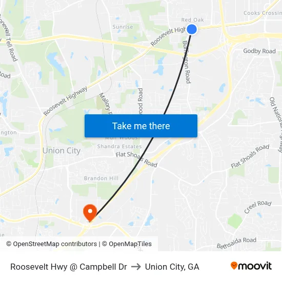 Roosevelt Hwy @ Campbell Dr to Union City, GA map