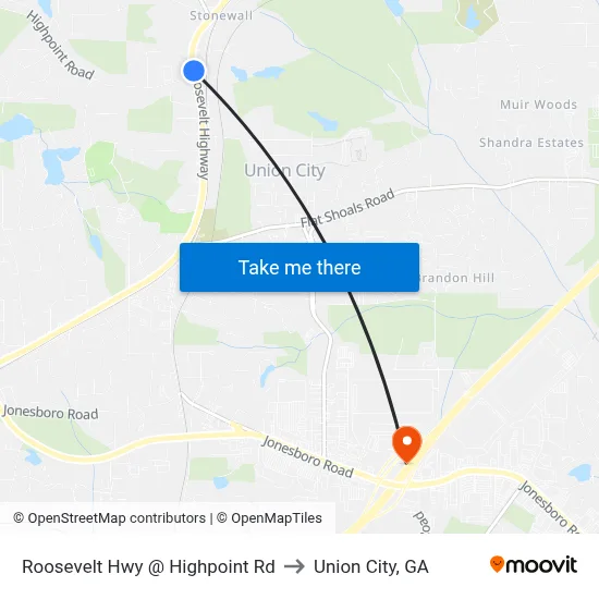 Roosevelt Hwy @ Highpoint Rd to Union City, GA map
