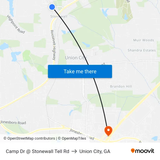 Camp Dr @ Stonewall Tell Rd to Union City, GA map