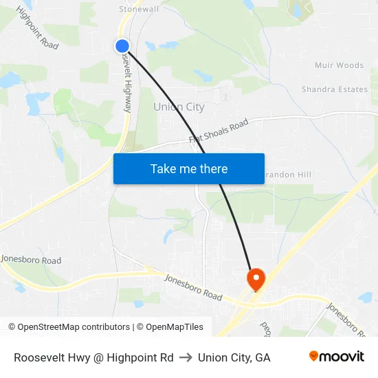 Roosevelt Hwy @ Highpoint Rd to Union City, GA map