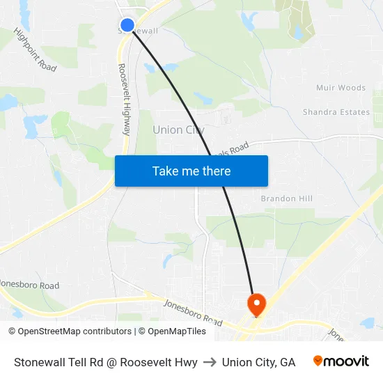 Stonewall Tell Rd @ Roosevelt Hwy to Union City, GA map