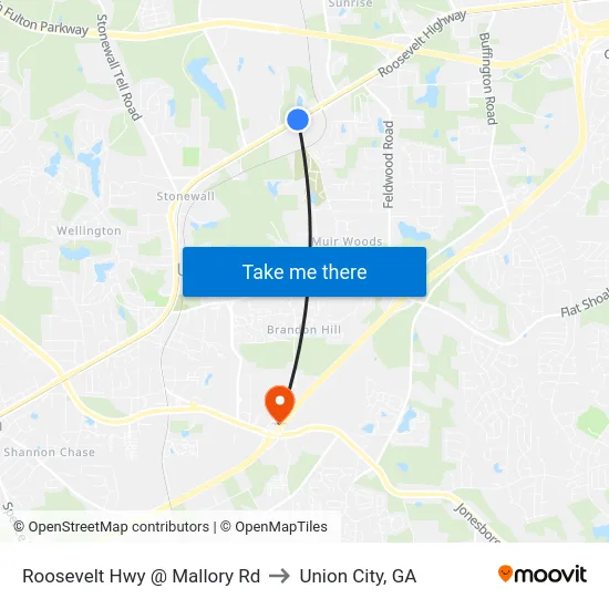 Roosevelt Hwy @ Mallory Rd to Union City, GA map