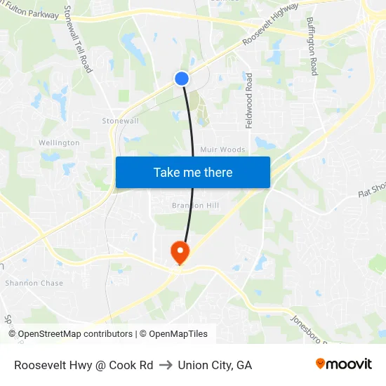 Roosevelt Hwy @ Cook Rd to Union City, GA map
