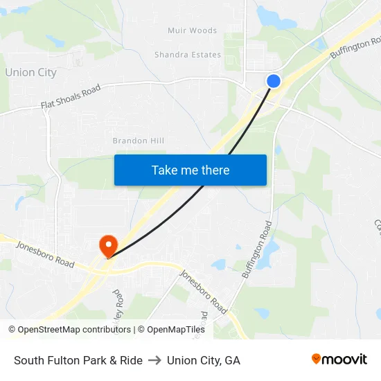 South Fulton Park & Ride to Union City, GA map