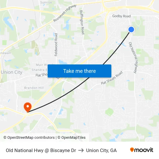 Old National Hwy @ Biscayne Dr to Union City, GA map