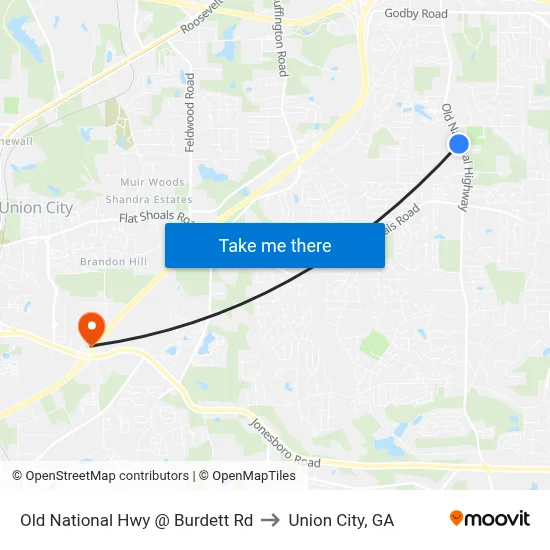 Old National Hwy @ Burdett Rd to Union City, GA map