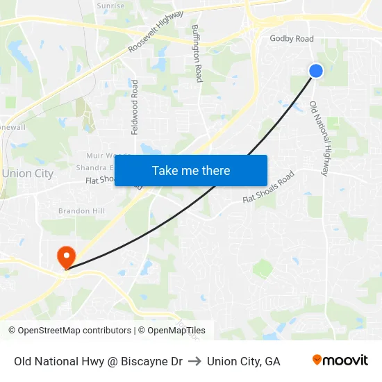 Old National Hwy @ Biscayne Dr to Union City, GA map