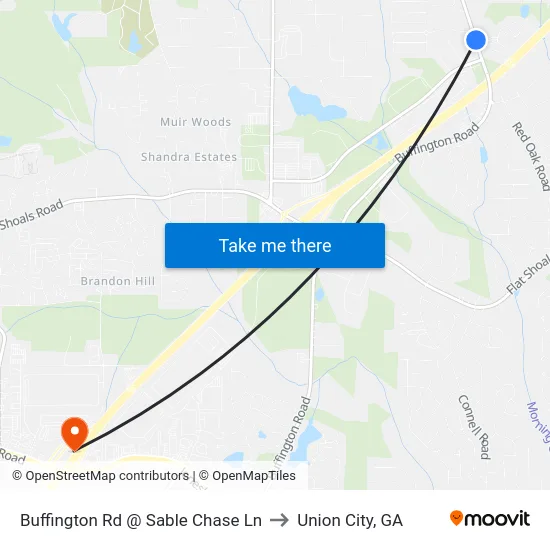 Buffington Rd @ Sable Chase Ln to Union City, GA map