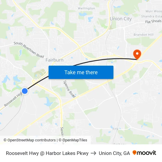 Roosevelt Hwy @ Harbor Lakes Pkwy to Union City, GA map